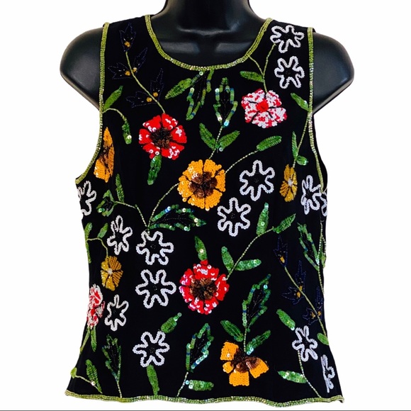 Vintage Tops - Vtg Paradise NY Floral Sequin 100% Silk Top Sz L